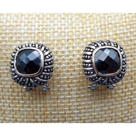CHAPS Textured Silver Tone & Faceted Black Glass Stone Pierced Stud Earrings - Picture 5 of 8